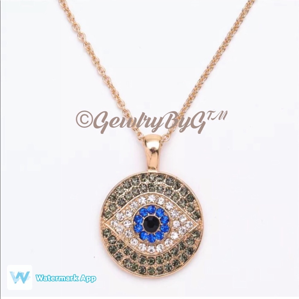 👁EVIL EYE GOLD AND BLUE Crystal Necklace!